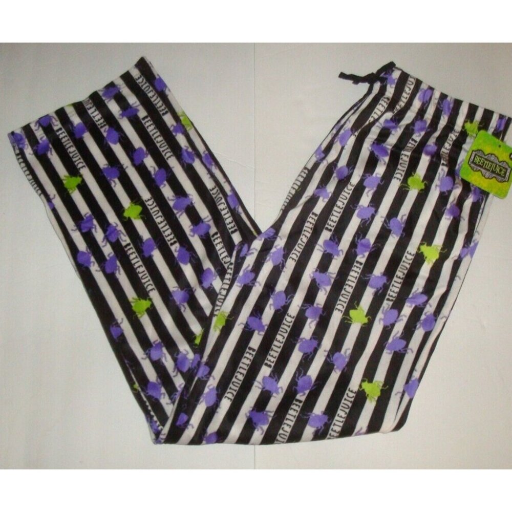 Beetlejuice Men's Minky Fleece Sleep Pajama Pants Black White Stripe w/Beetles S